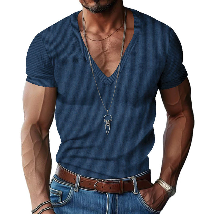 Herren nan strukturiertes V-Ausschnitt-Rippjersey-Shirt mit kurzem Arm und körpernaher Passform Drune