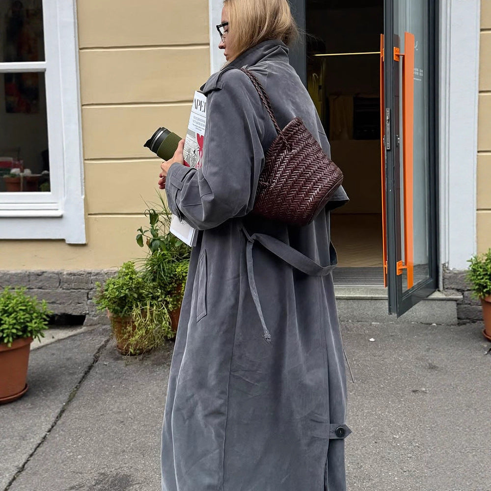 Damen eleganter Long-Trenchcoat mit strukturiertem Design und breitem Revers Drune