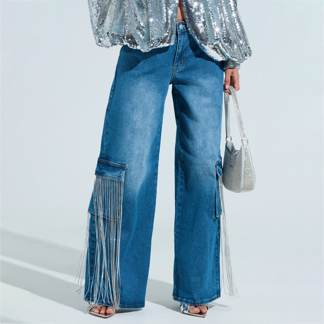 Damen Cargo-Jeans mit Glitzerfransen und tiefen Seitentaschen Drune