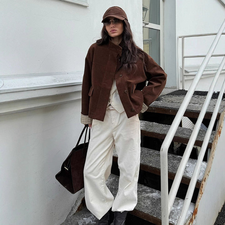 Damen lässige Cordjacke mit einzigartigem Schnitt und modischen Details Drune