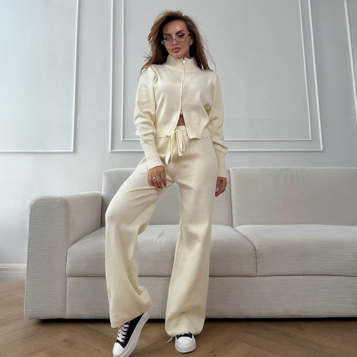 Damen Modisches Strickensemble mit Zip-Kragen und weitem Schnitt Drune