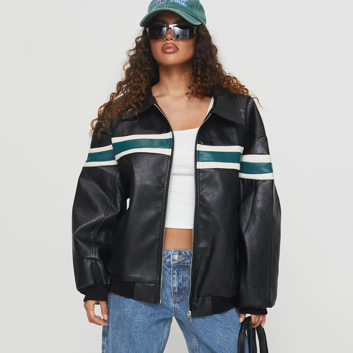 Damen modische Kunstlederjacke mit sportlichem Streifen-Design und lässigem Schnitt Drune