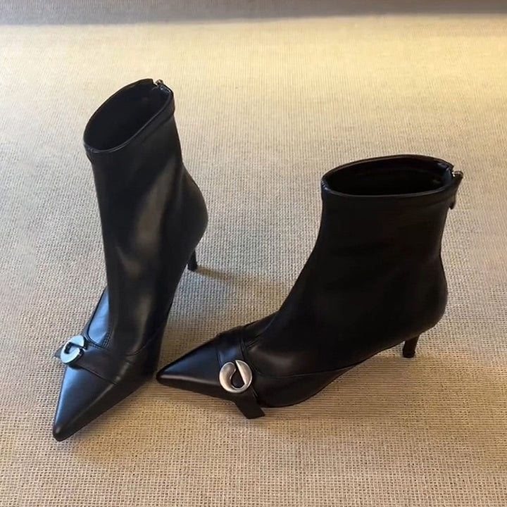 Damen elegante Ankle Boots mit spitzem Schnitt und dekorativer Schnalle Drune