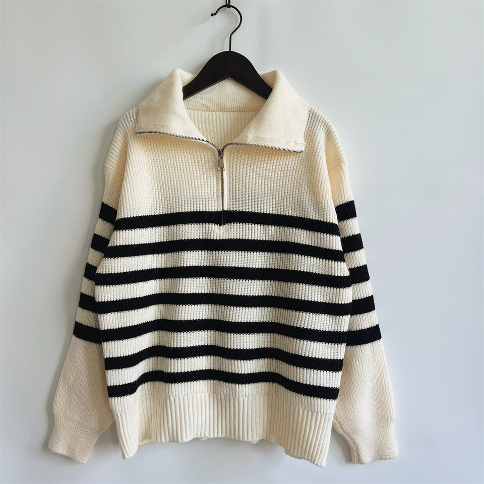Damen gestreifter Pullover mit modernem Stehkragen und kurzer Reißverschluss Drune