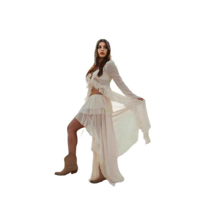 Damen romantisches Rüschenkleid mit langen Ärmeln Drune