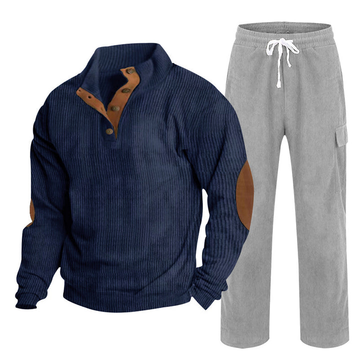 Herren nan Strick-Freizeitset mit Knopfleiste und Ellenbogenaufnähern sowie Cord-Cargohose Drune