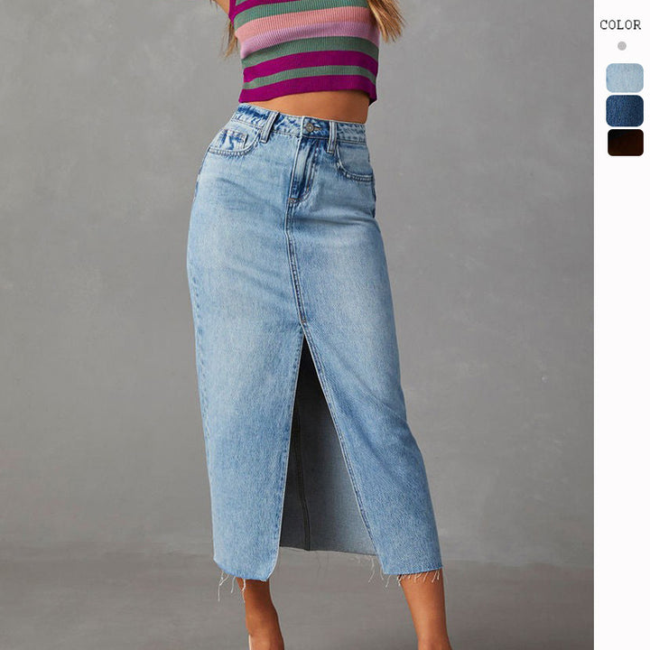 Damen Hoch geschnittene Denim-Midirock mit seitlichem Schlitz und fransigen Säumen Drune