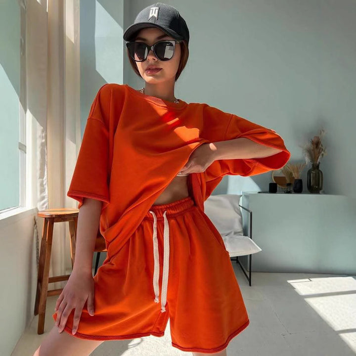 Damen lässiges Oberteil und Shorts-Set mit Knopfdetails Drune