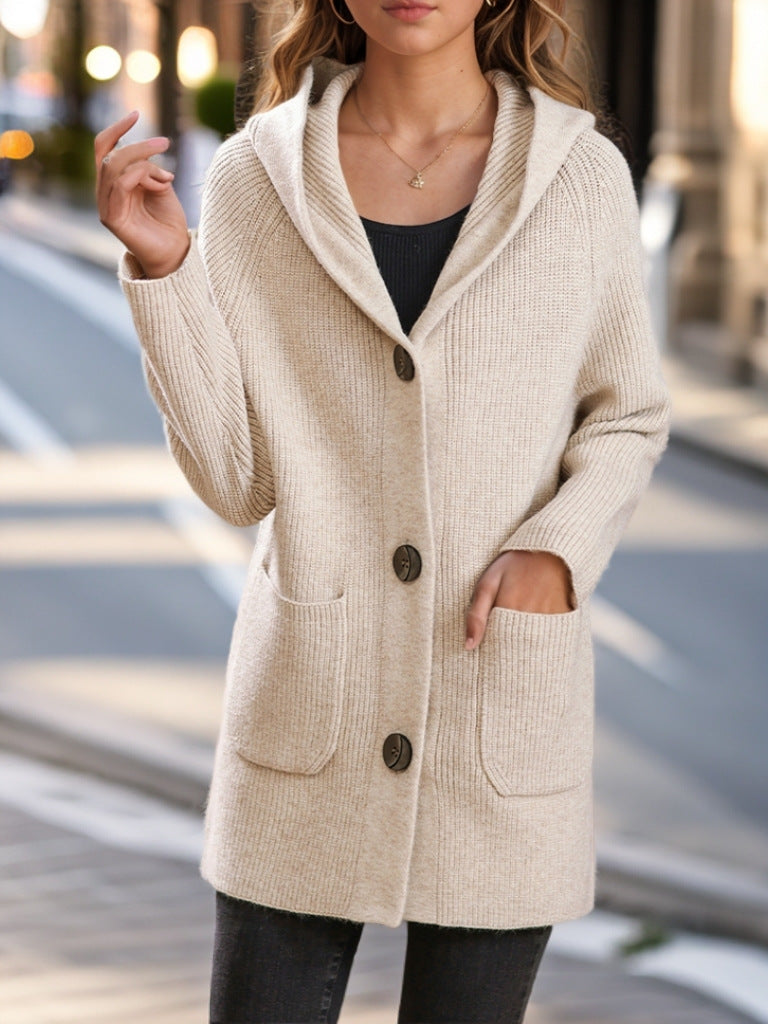 Damen nan lange gerippte Kapuzen-Strickjacke mit aufgesetzten Taschen und markanten Knöpfen Drune