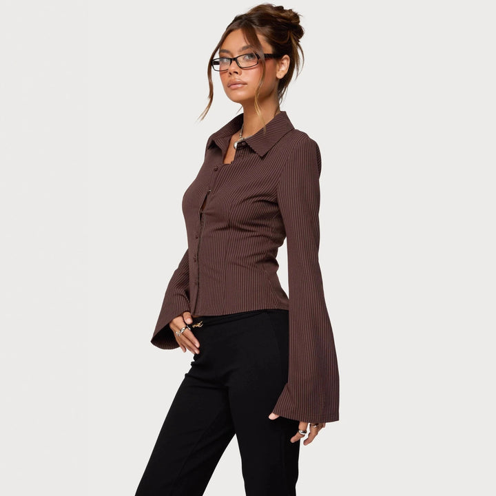 Damen Ripp-Optik Bluse mit elegantem Kragen und schmalem Schnitt Drune