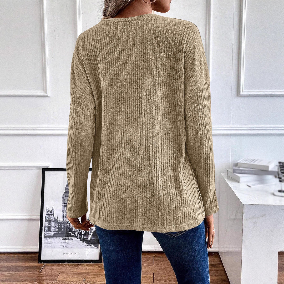 Damen Freizeit-Ripp-Pullover mit Knopfleiste und 3/4-Ärmeln Drune
