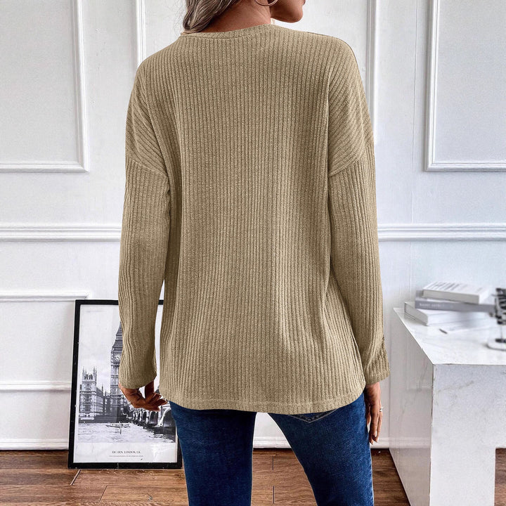 Damen Freizeit-Ripp-Pullover mit Knopfleiste und 3/4-Ärmeln Drune