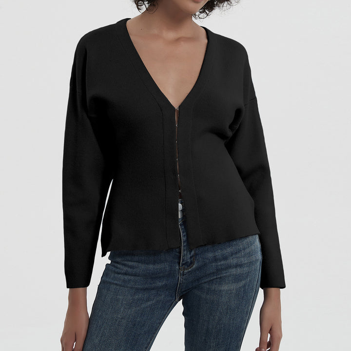 Damen elegante Strickjacke mit V-Ausschnitt und Knopfverschluss Drune