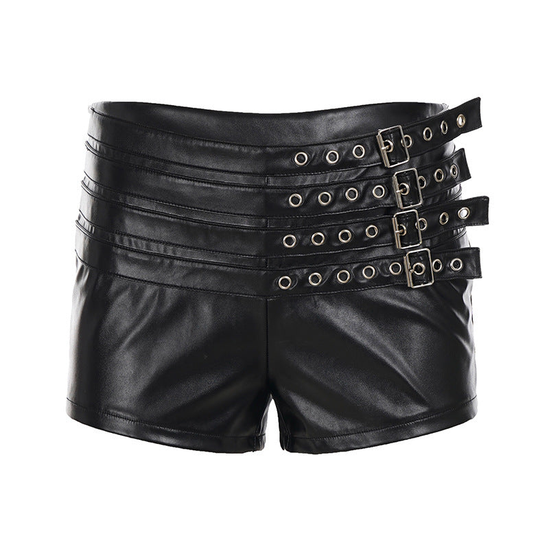 Damen Kunstleder Shorts mit dekorativen Schnallen und Schnürdetails Drune