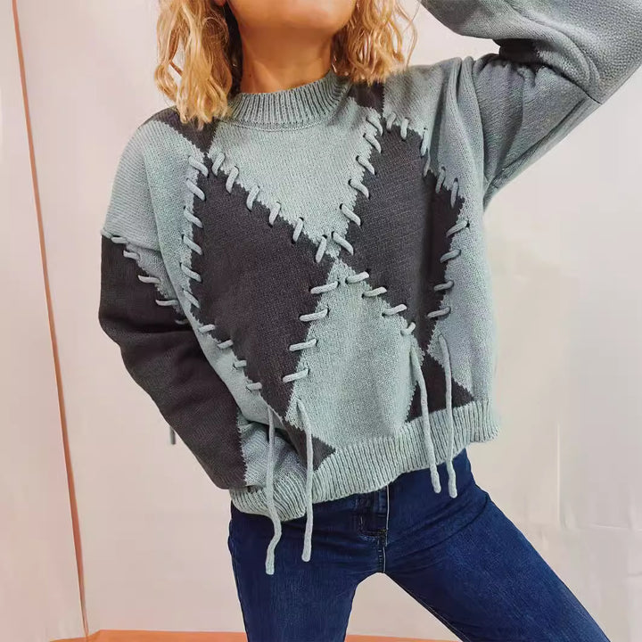 Damen modischer Oversized Pullover mit gekreuzten Ziernähten Drune