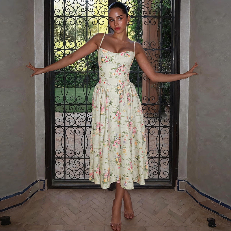 Damen Blumendesign Midi-Kleid mit Spaghettiträgern und fließendem Rock Drune