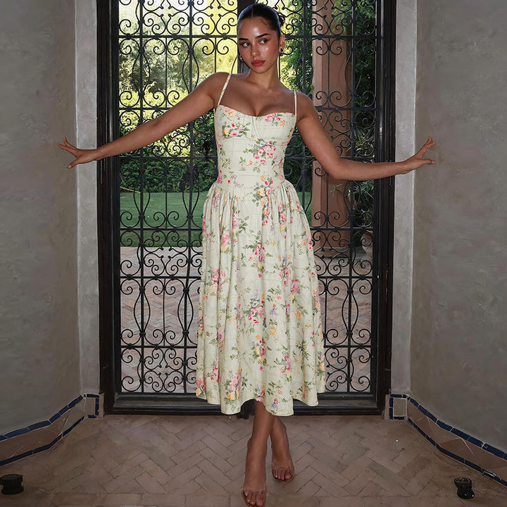 Damen Blumendesign Midi-Kleid mit Spaghettiträgern und fließendem Rock Drune