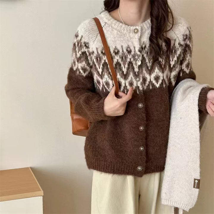 Damen Strickcardigan mit traditionellem Muster und Knopfdetails Drune