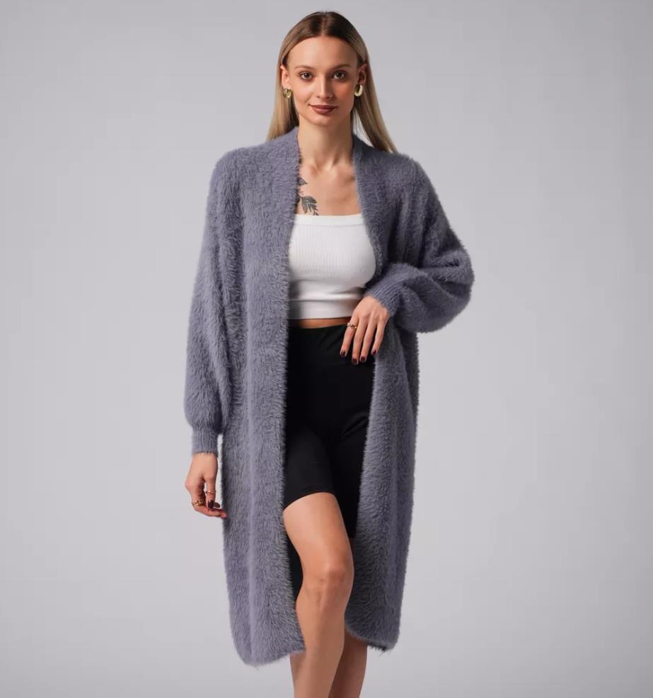 Damen Flauschiger Langstrickmantel mit seitlichem Schlitz und lockerer Passform Drune