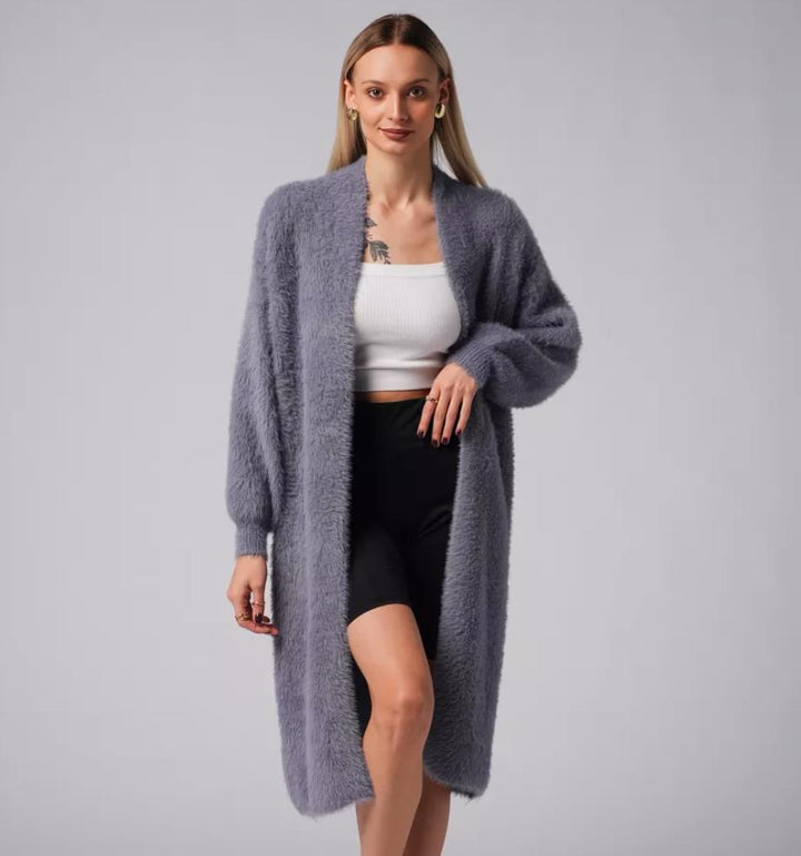 Damen Flauschiger Langstrickmantel mit seitlichem Schlitz und lockerer Passform Drune