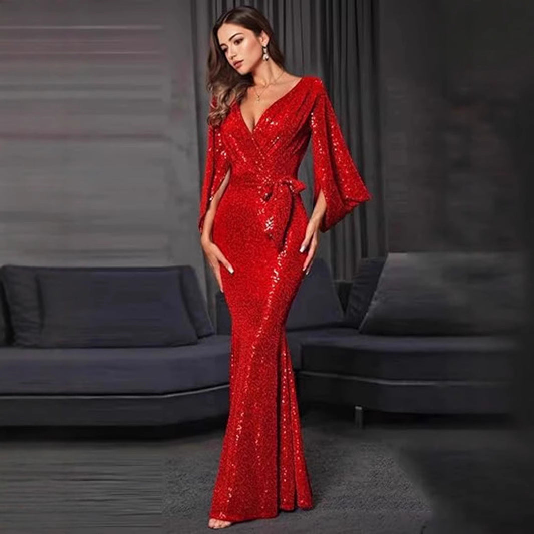 Damen Glamouröses Pailletten-Abendkleid mit tiefem V-Ausschnitt und fließendem Rock Drune