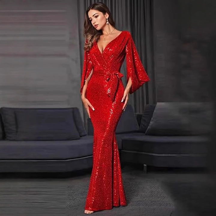 Damen Glamouröses Pailletten-Abendkleid mit tiefem V-Ausschnitt und fließendem Rock Drune