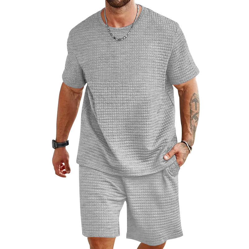 Herren nan Waffelstruktur Wohn- und Freizeit-Set mit weit geschnittenem Kurzarmshirt und kurzer Hose mit elastischem Bund Drune