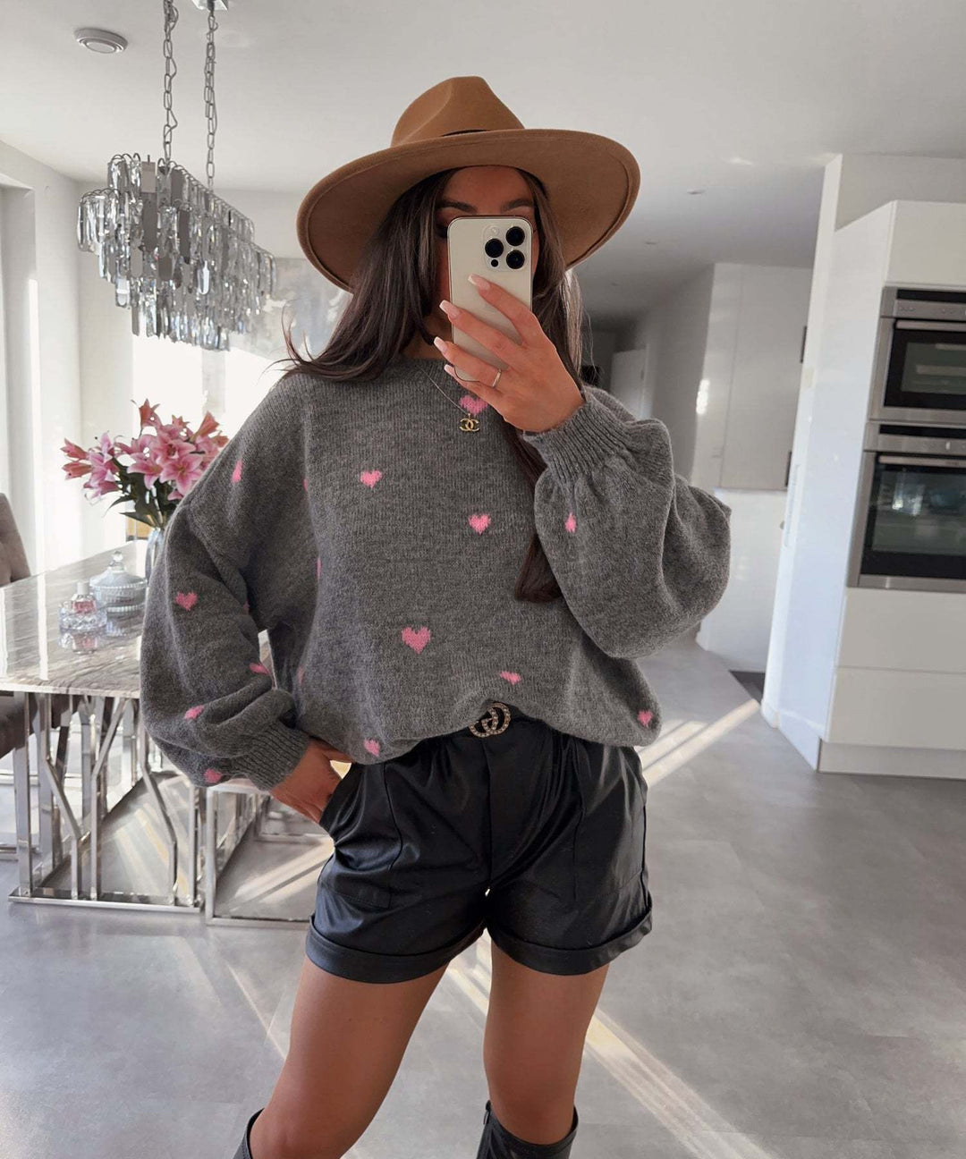 Damen lässiger Strickpullover mit herzförmigen Mustern und angeschnittenen Ärmeln Drune