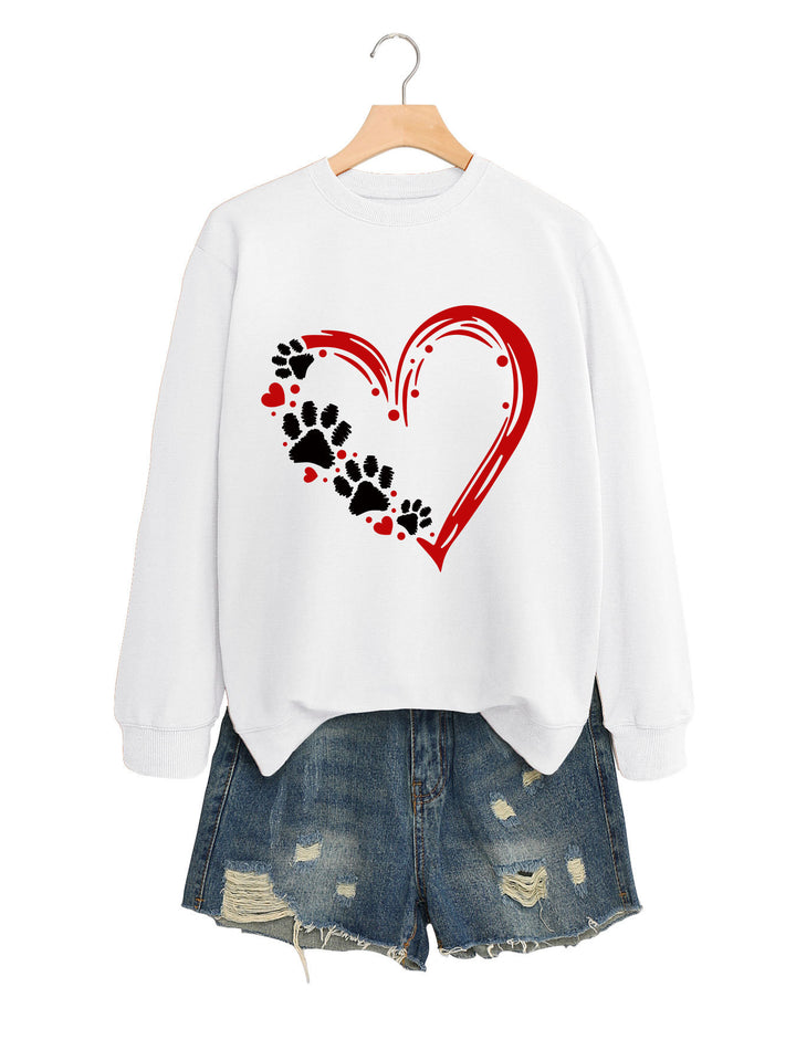 Damen Sweatshirt mit kreativem Herz- und Pfotendesign Drune