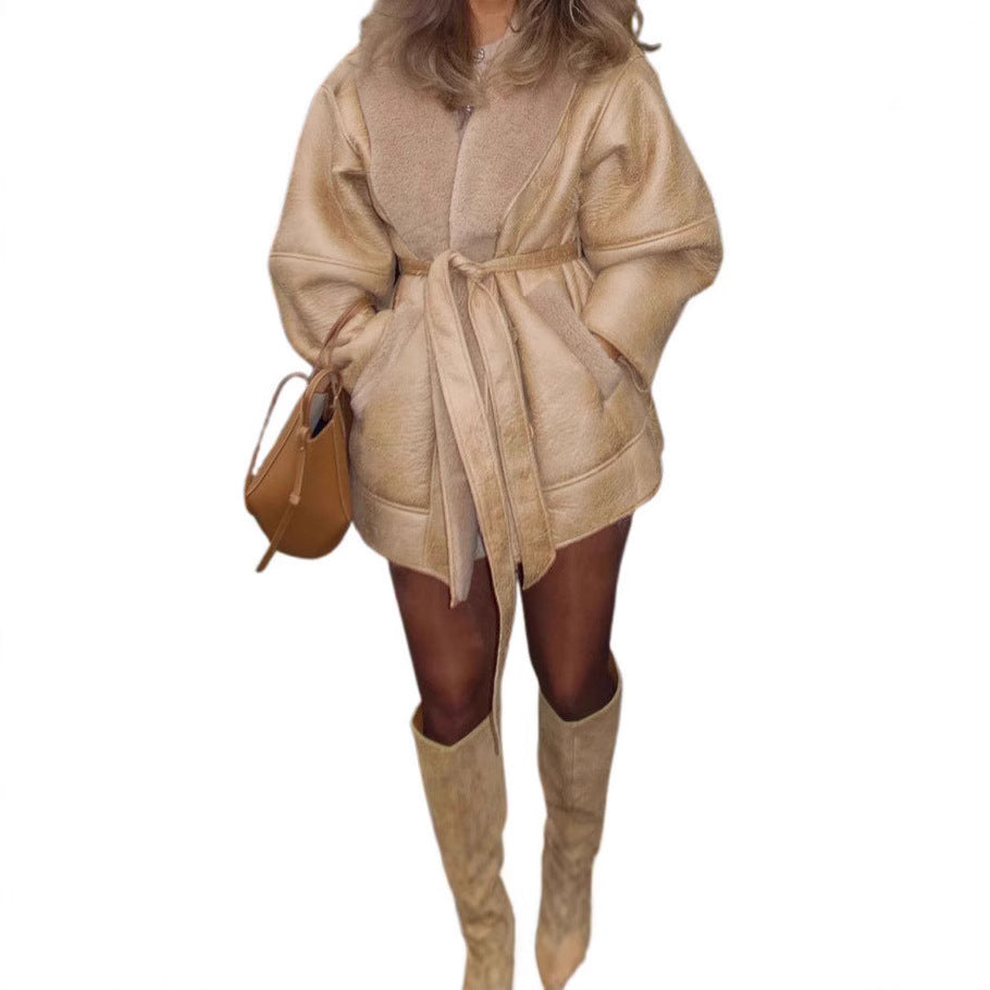 Damen Oversized Kunstfellmantel mit taillierbarem Gürtel und voluminösen Ärmeln Drune