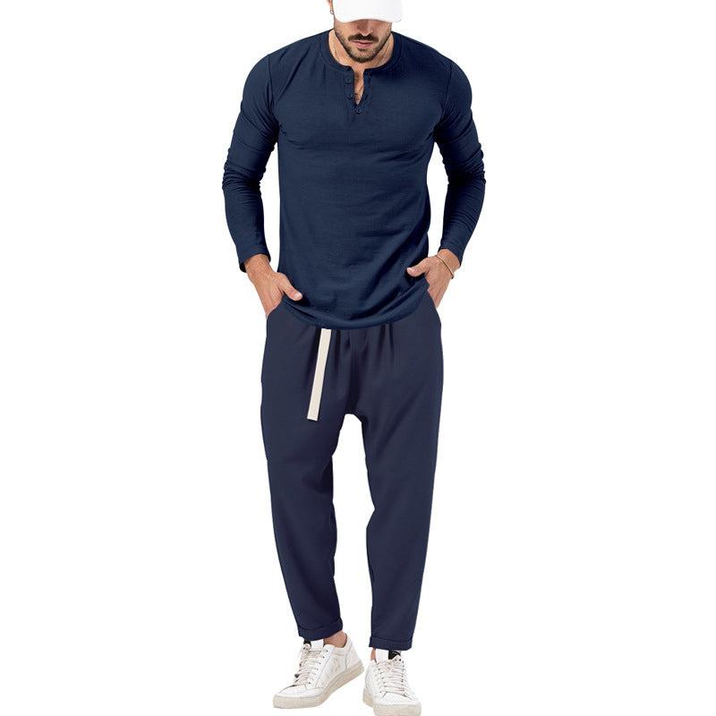 Herren lässiges Langarm-Henley-Shirt kombiniert mit eleganter Jogginghose Drune