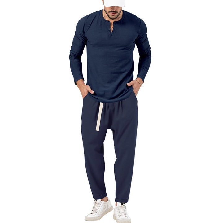 Herren lässiges Langarm-Henley-Shirt kombiniert mit eleganter Jogginghose Drune