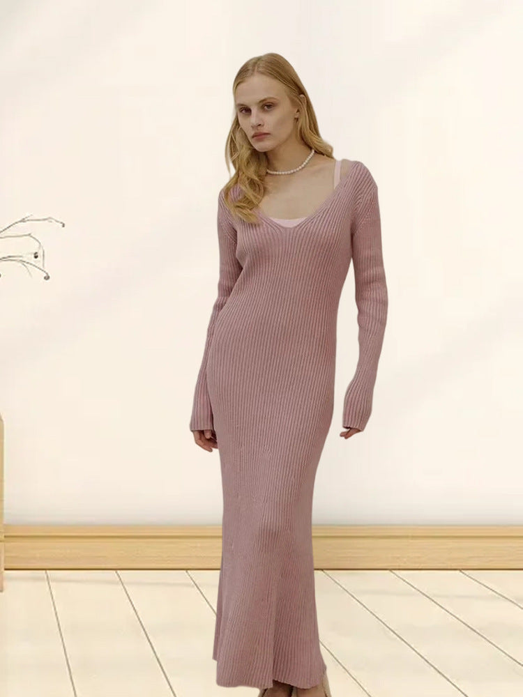 Damen Langarm-Strickkleid mit tiefem V-Ausschnitt und figurbetonter Silhouette Drune
