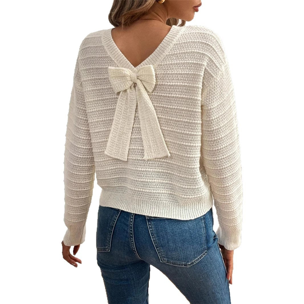 Damen Strickpullover mit V-Ausschnitt und dekorativem Schleifenelement Drune