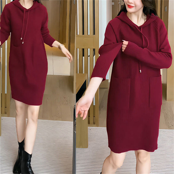 Damen Strickkleid mit Kapuze und praktischen Taschen Drune