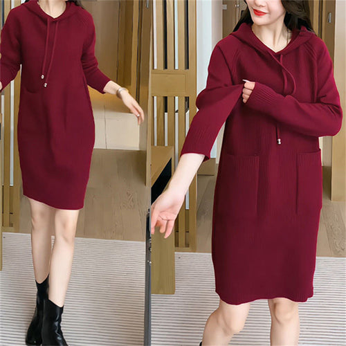 Damen Strickkleid mit Kapuze und praktischen Taschen Drune