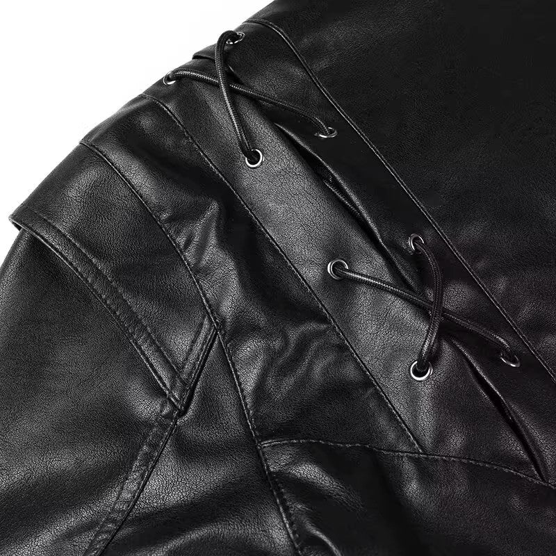 Damen Kunstlederjacke mit edlem Bindegürtel und raffinierten Schnürdetails Drune