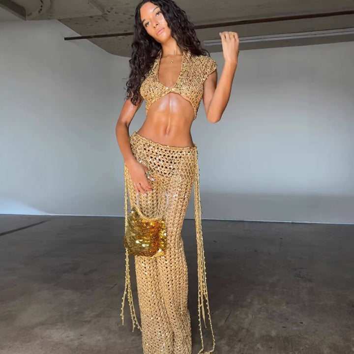 Damen Knöchellanges Glitzer-Overfit-Set mit funkelnden Details und fließendem Design Drune