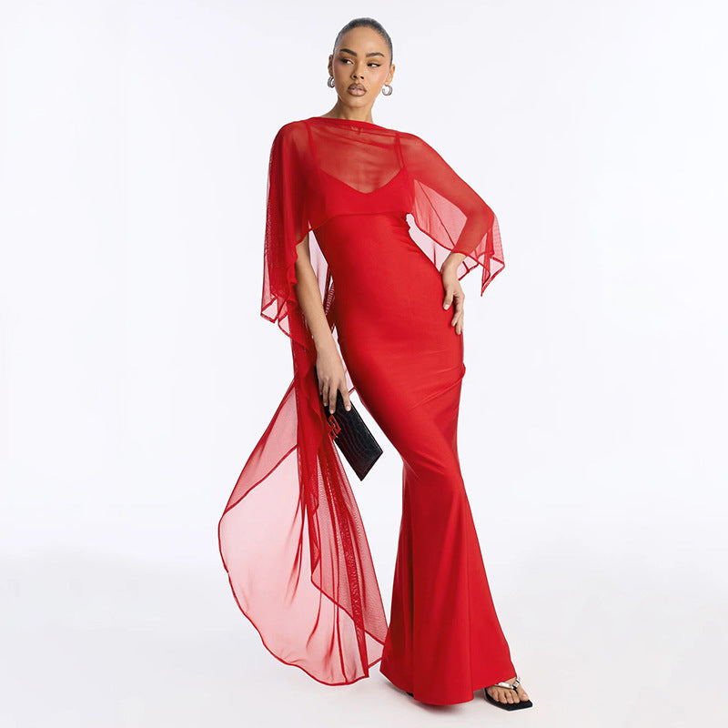 Damen Glamouröses Abendkleid mit fließendem Chiffonüberwurf und figurbetonter Silhouette Drune