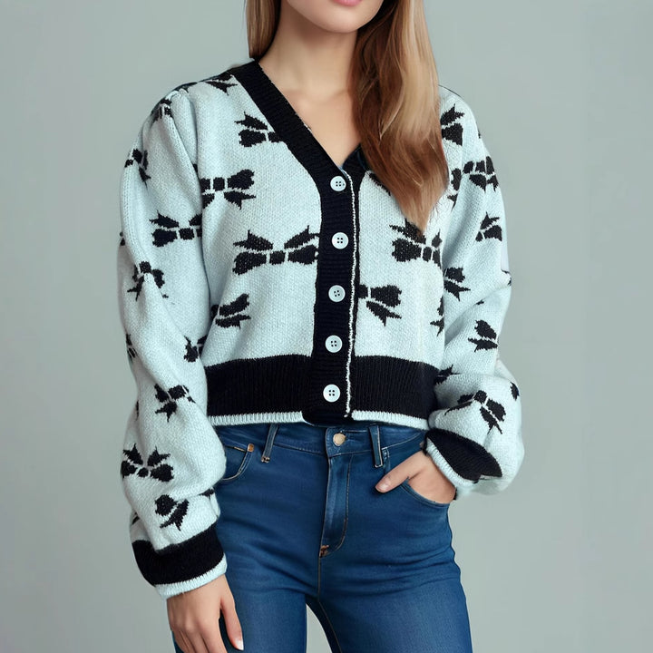 Damen kuschelige Strickjacke mit dekorativem Motiv und Knopfleiste Drune
