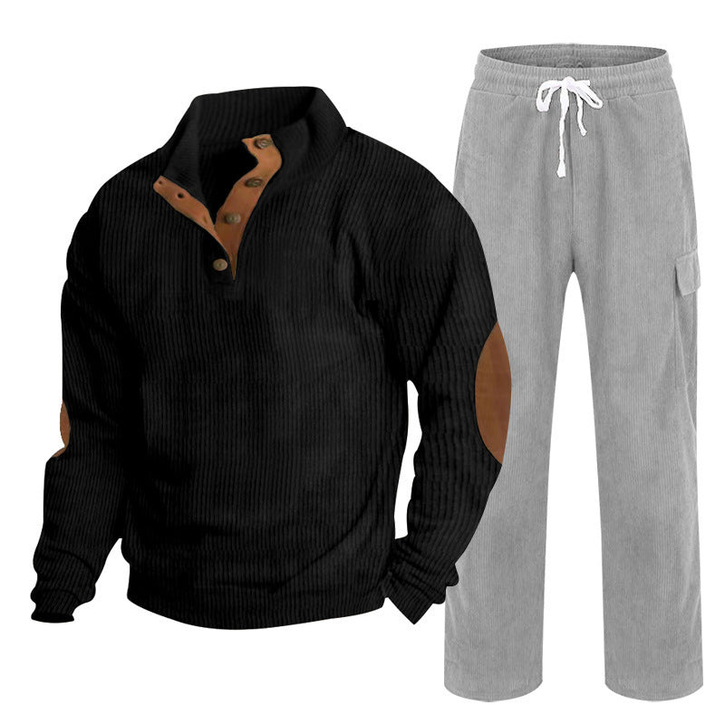 Herren nan strukturiertes Feinstrick-Halbknopf-Pullover und Feincord-Cargo-Zweiteiler Drune