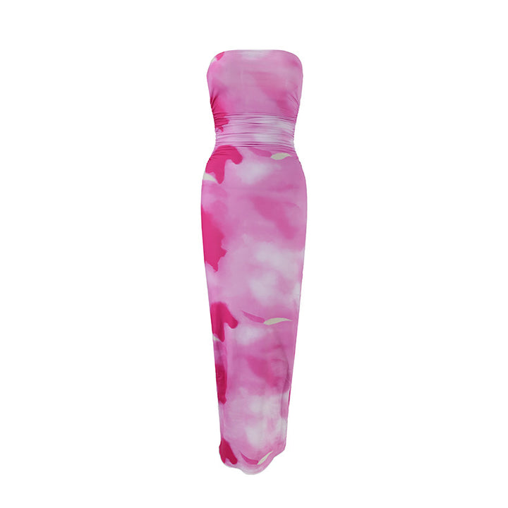 Damen elegantes, trägerloses Maxikleid mit raffiniertem Mustermix Drune
