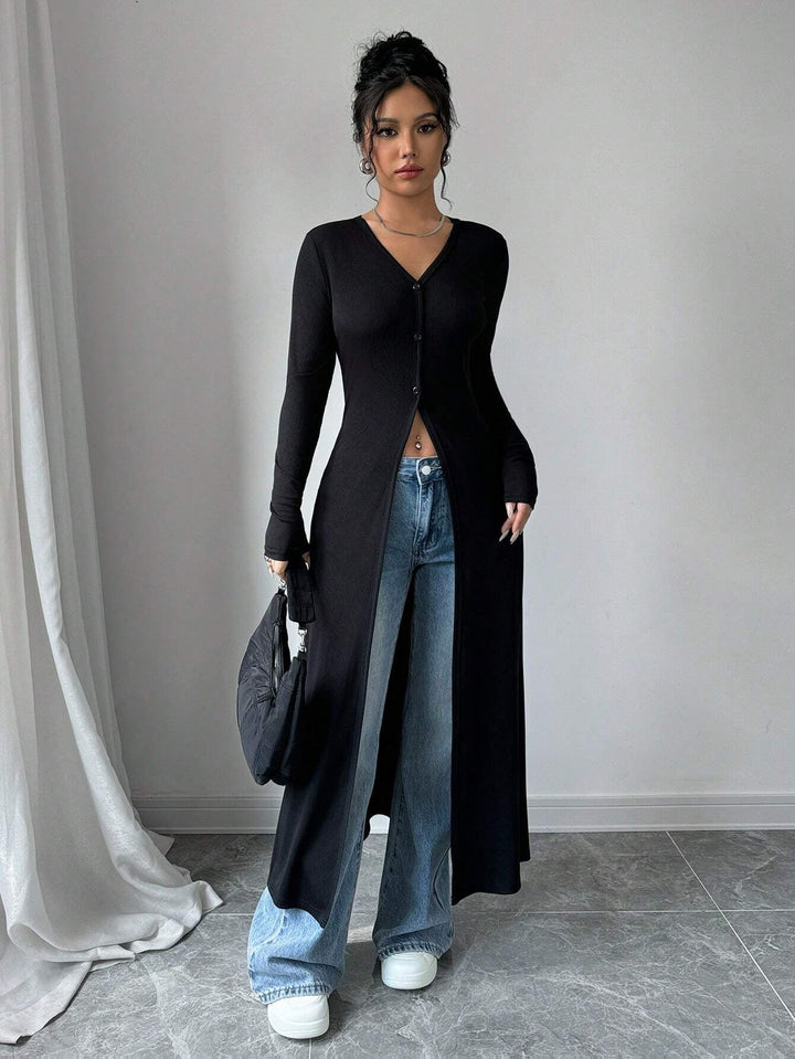 Damen Langstrickjacke mit V-Ausschnitt und Knopfverschluss Drune