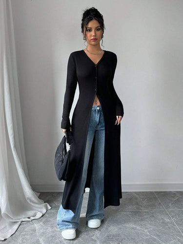 Damen Langstrickjacke mit V-Ausschnitt und Knopfverschluss Drune
