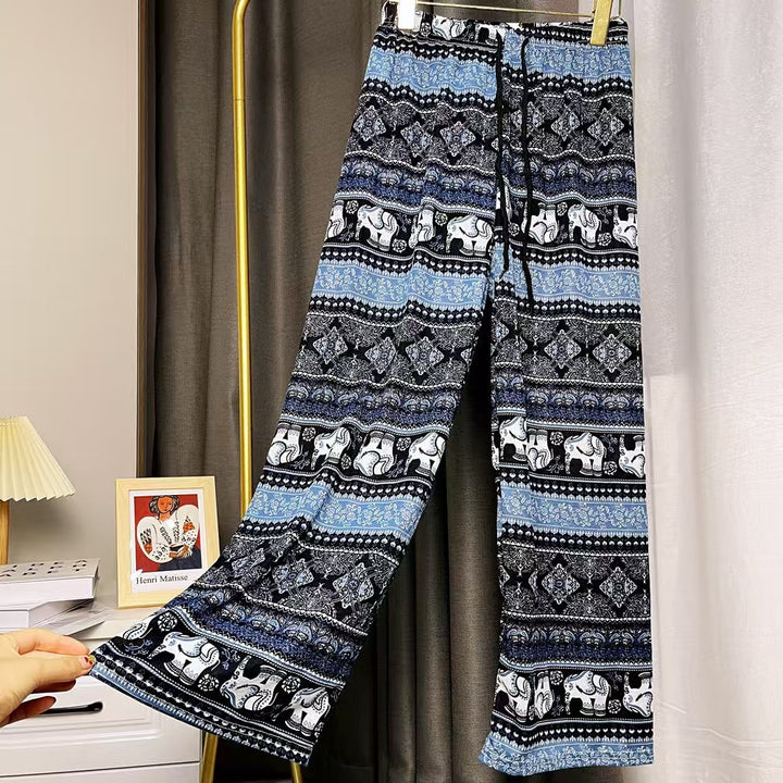 Damen Lässige Palazzo-Hose mit Elefantenmuster und elastischem Bund Drune