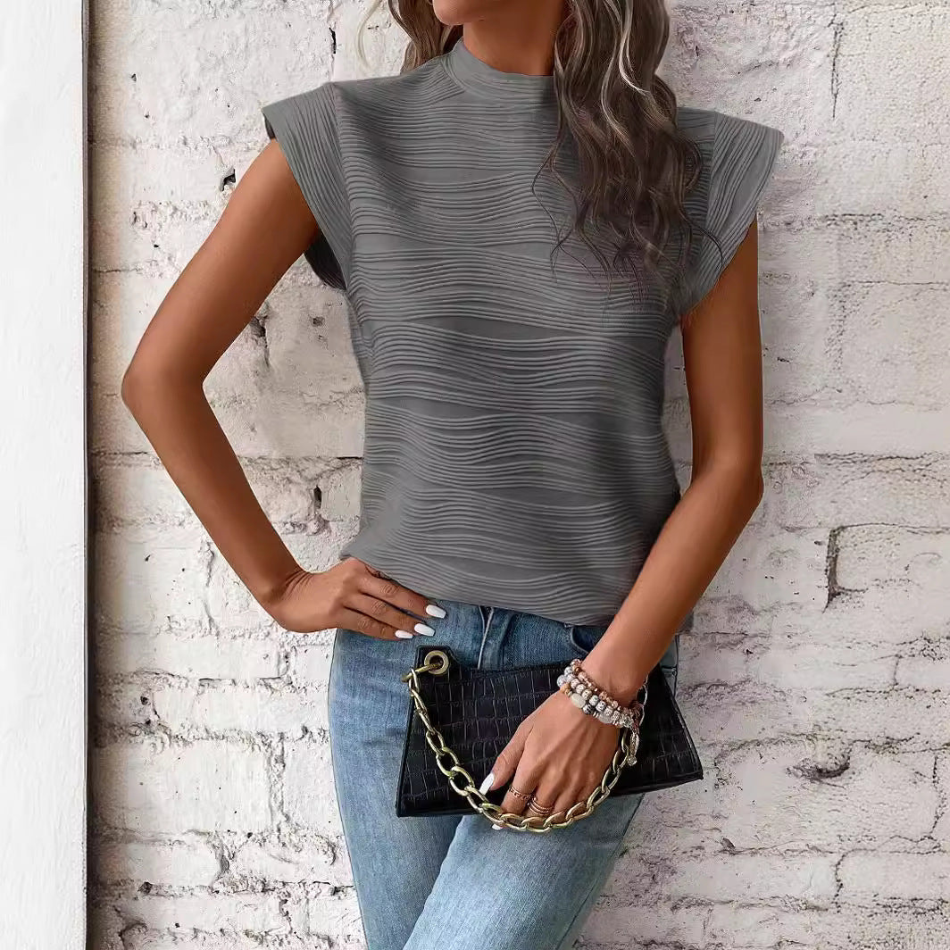 Damen elegantes Oberteil mit strukturiertem Puffärmel und hochgeschlossenem Ausschnitt Drune