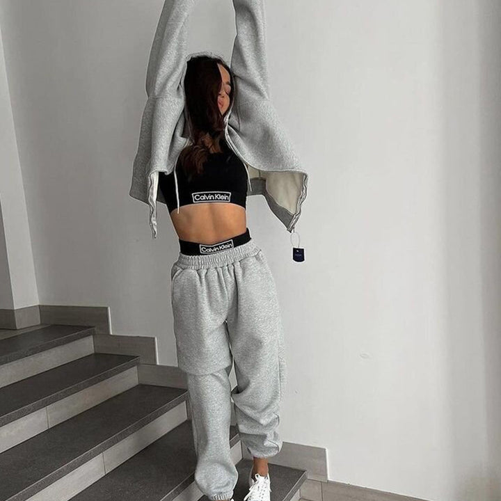 Damen Fleece-Pullover und Jogginghose-Set mit Kängurutasche und elastischem Bund Drune