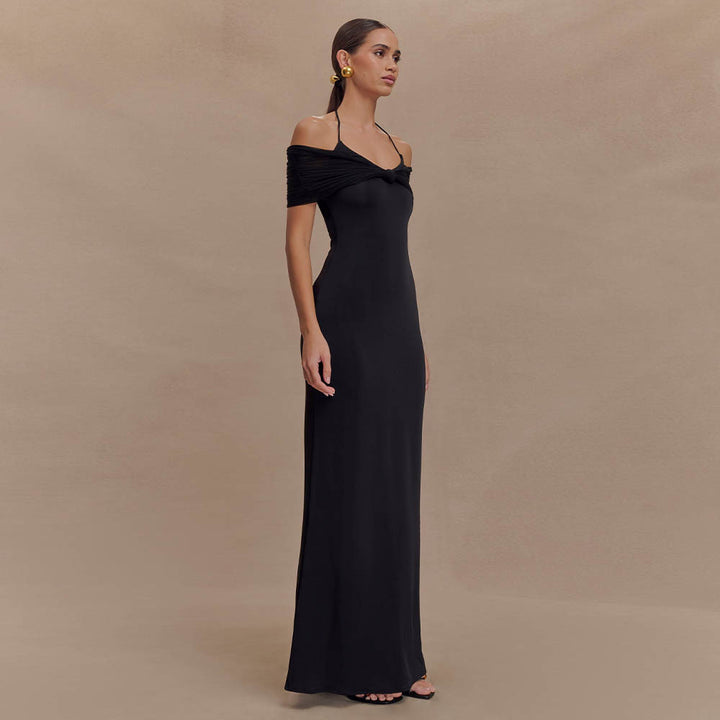 Damen Elegantes Maxi-Kleid mit schulterfreien Raffungen Drune