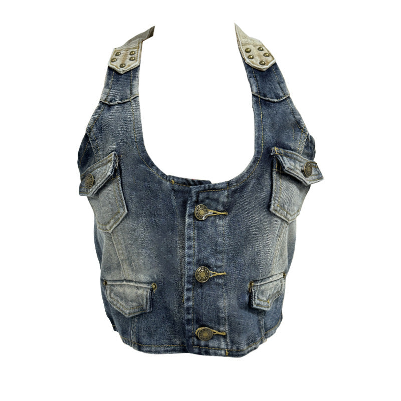 Damen Crop-Top aus Denim mit dekorativen Knopfdetails und tiefem V-Ausschnitt Drune