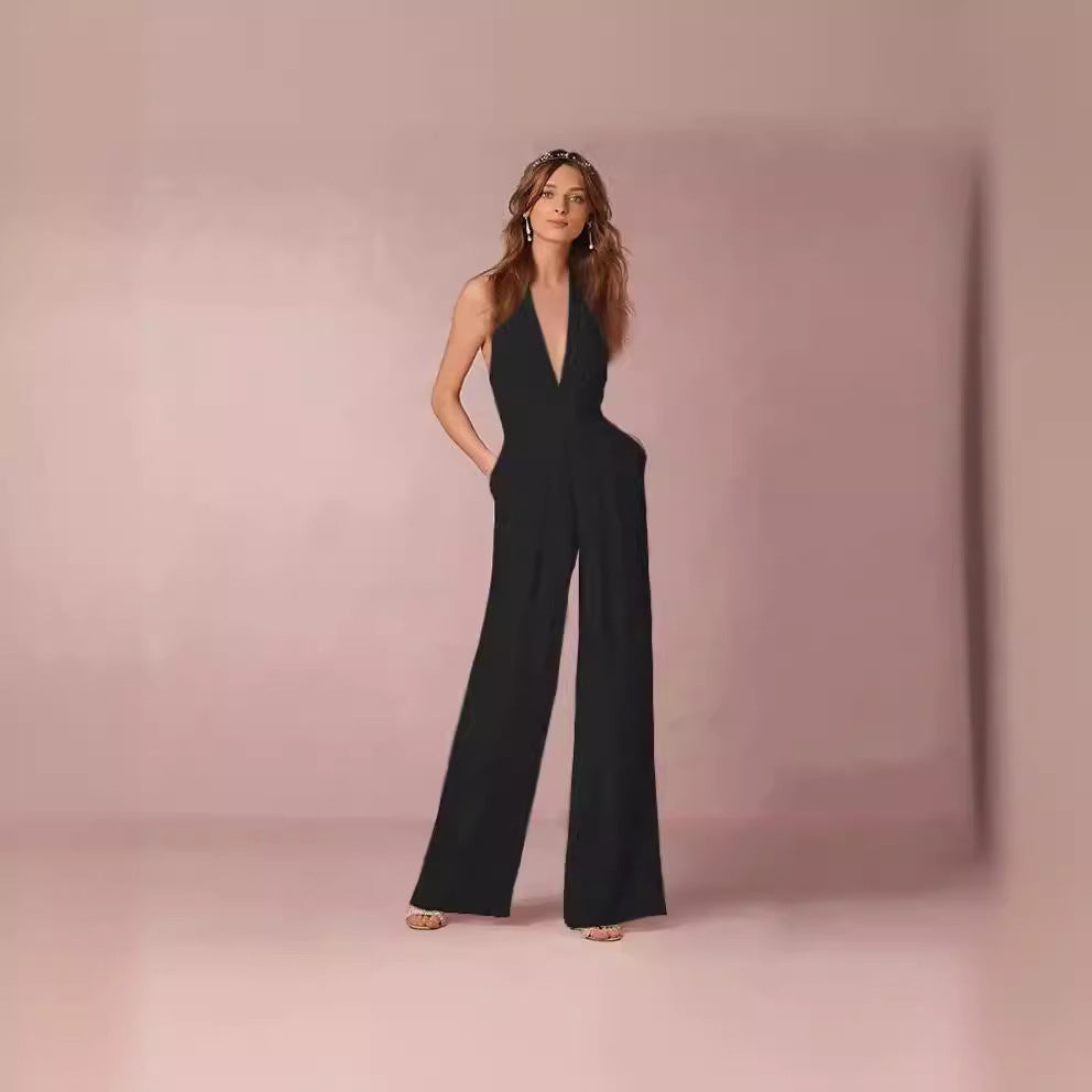Damen Eleganter Jumpsuit mit tiefem V-Ausschnitt und weitem Bein Drune